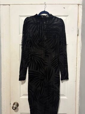 Black Sheer Palm-Print Long Sleeve Midi Dress